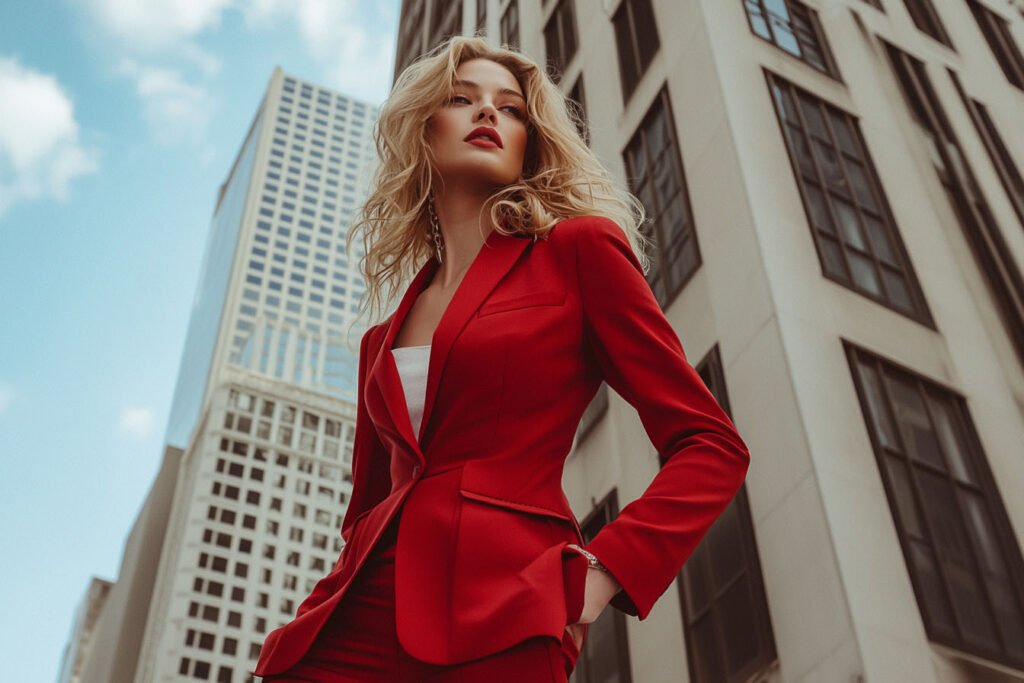 A confident woman in a sleek cherry red power suit, standing tall against a modern city backdrop—bold, powerful, and effortlessly stylish.