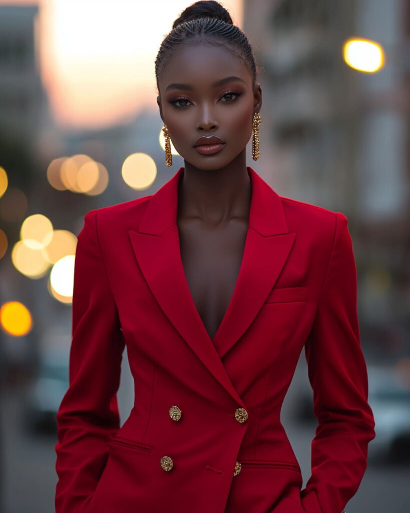 cherry-red-power-suit-gold-details Command the room in a bold cherry red power suit with gold accents.