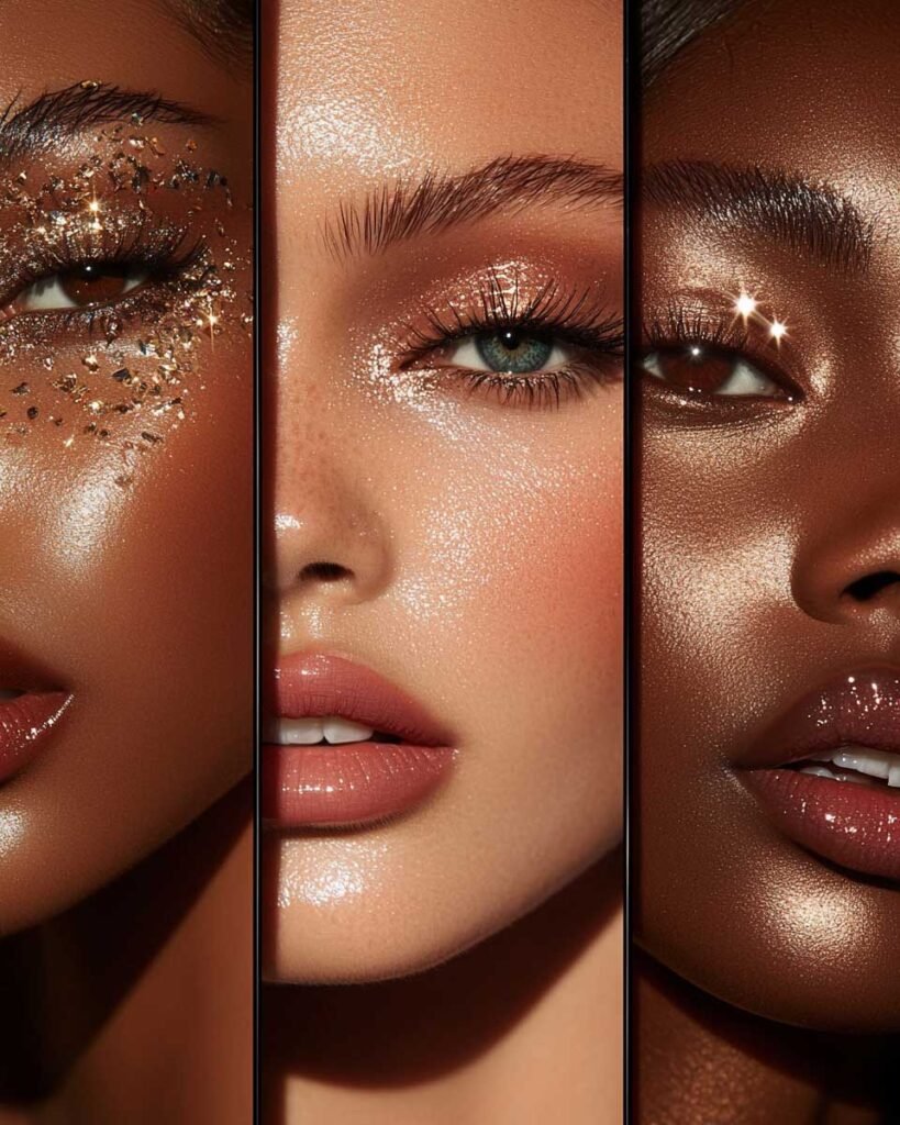 date-night-glam-makeup-trends-2025 A beauty collage featuring three trending date night makeup looks: golden glow elegance with dewy bronzed skin, midnight smokey eyes with deep matte lips, and glossy lips with soft blush for a romantic finish.