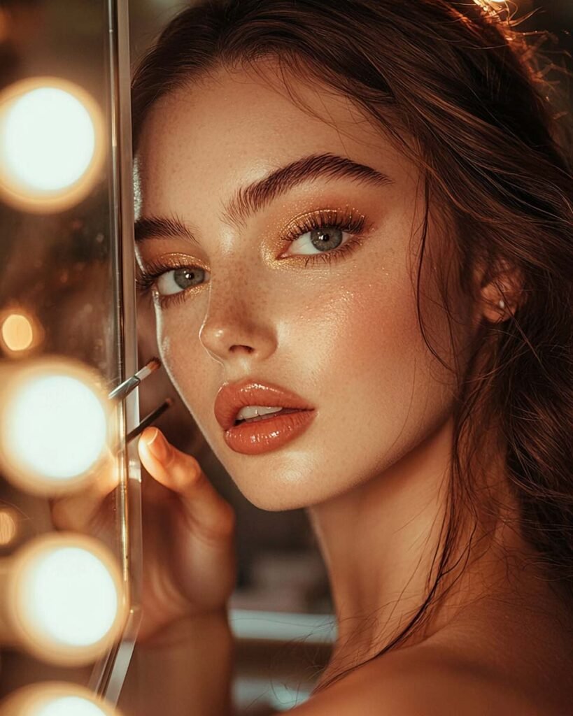 date-night-soft-glam-makeup-prep A woman with golden shimmery eye makeup, glossy nude lips, and radiant skin, gazing into a mirror under warm vanity lights, creating a soft glam date night look.
