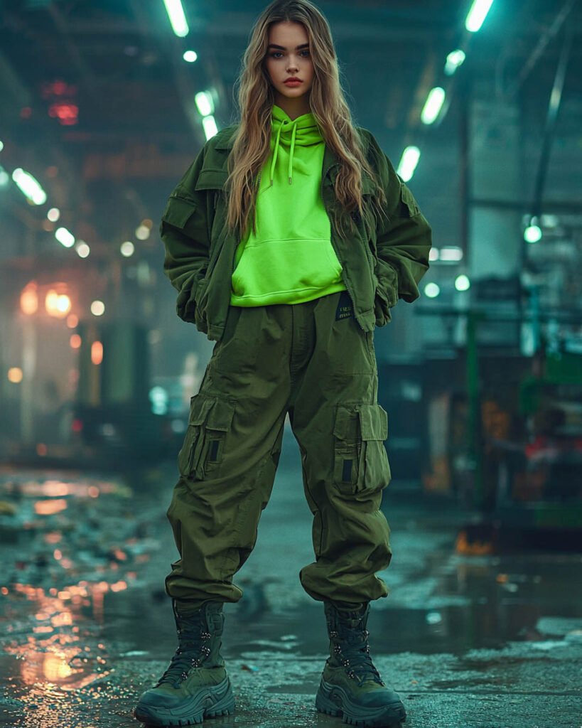  A model in an edgy, oversized green outfit, pairing statement chunky boots with a bold street-style look.