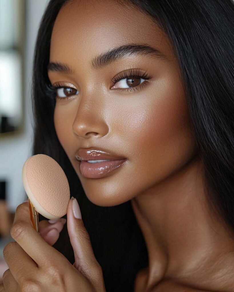 flawless-date-night-makeup-prep A woman applying foundation with a makeup sponge, achieving a smooth and radiant complexion for a flawless date night look.