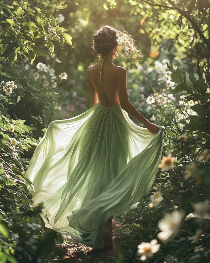 A woman in a flowing pastel green dress, walking gracefully through a sunlit garden, exuding elegance and romance.