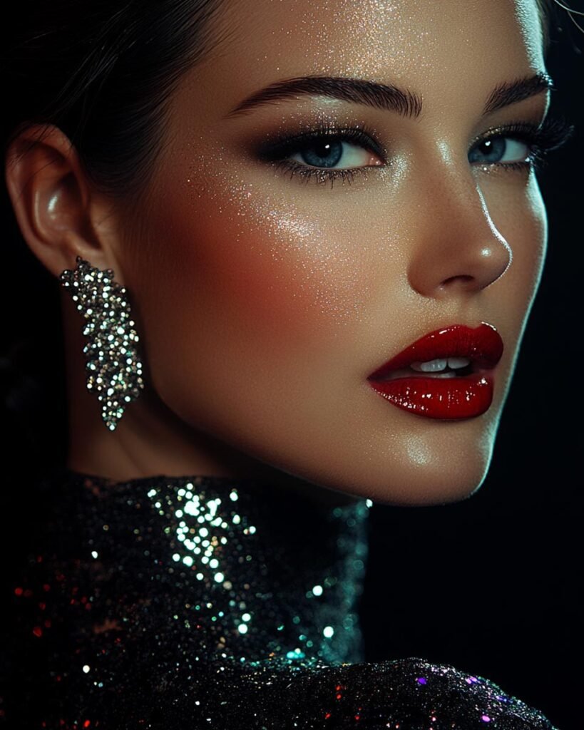 glamorous-date-night-makeup-red-lips A woman with bold red lips, smoky eyes, and radiant skin, wearing sparkling diamond earrings and a shimmering black dress, capturing an elegant date night glam look.