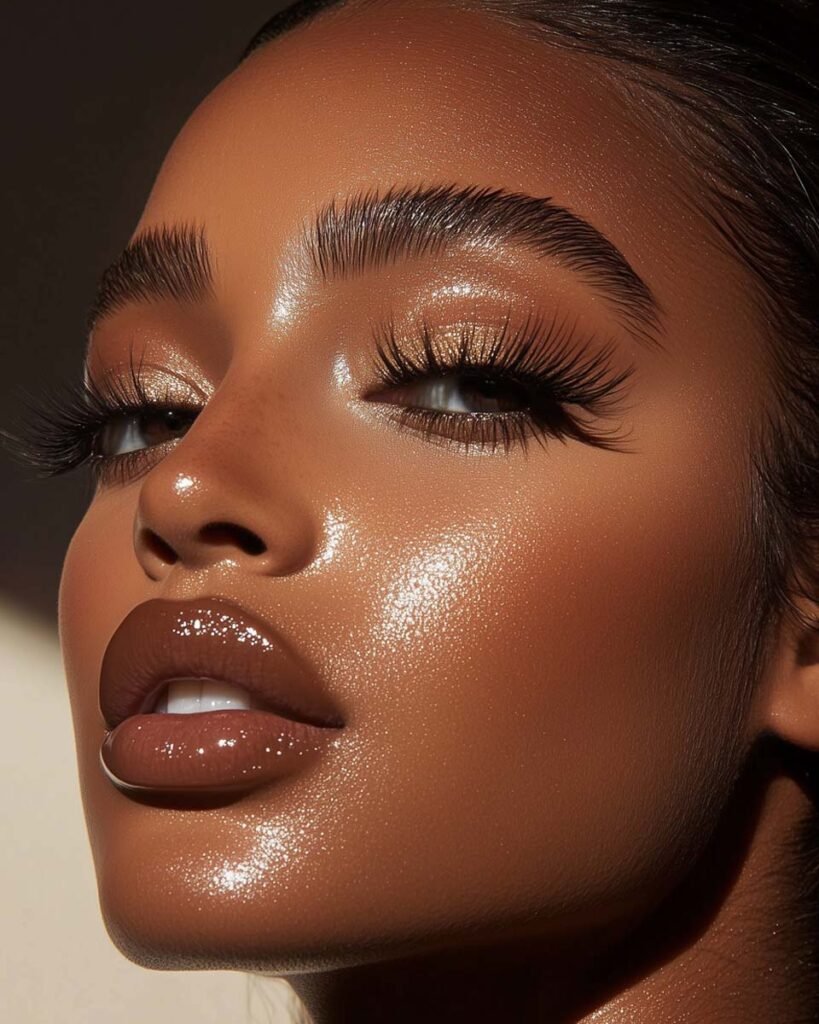 glowy-date-night-makeup-brown-lips A woman with luminous, dewy skin, voluminous lashes, and glossy brown lips, showcasing a radiant and sultry date night makeup look.