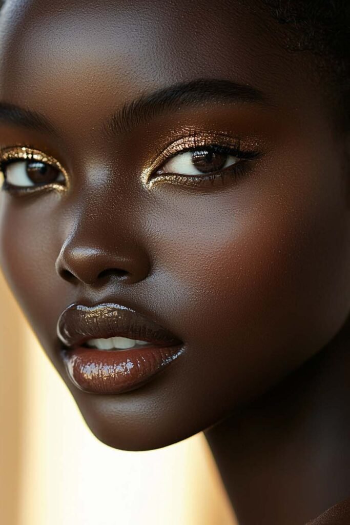 golden-glow-date-night-makeup A close-up of a woman with deep, radiant skin, shimmering gold eyeshadow, and glossy brown lips, highlighting a luxurious date night makeup look.