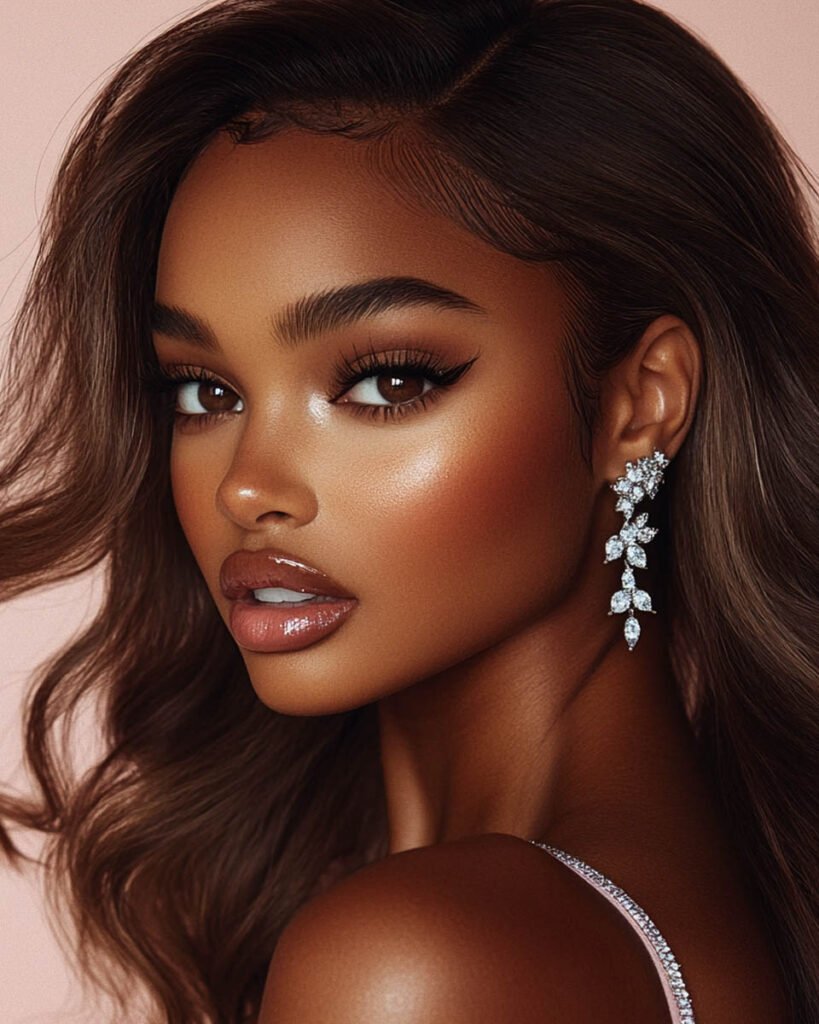 soft-glam-date-night-makeup A woman with flawless, bronzed skin, winged eyeliner, glossy nude lips, and diamond earrings, showcasing a soft glam date night makeup look.