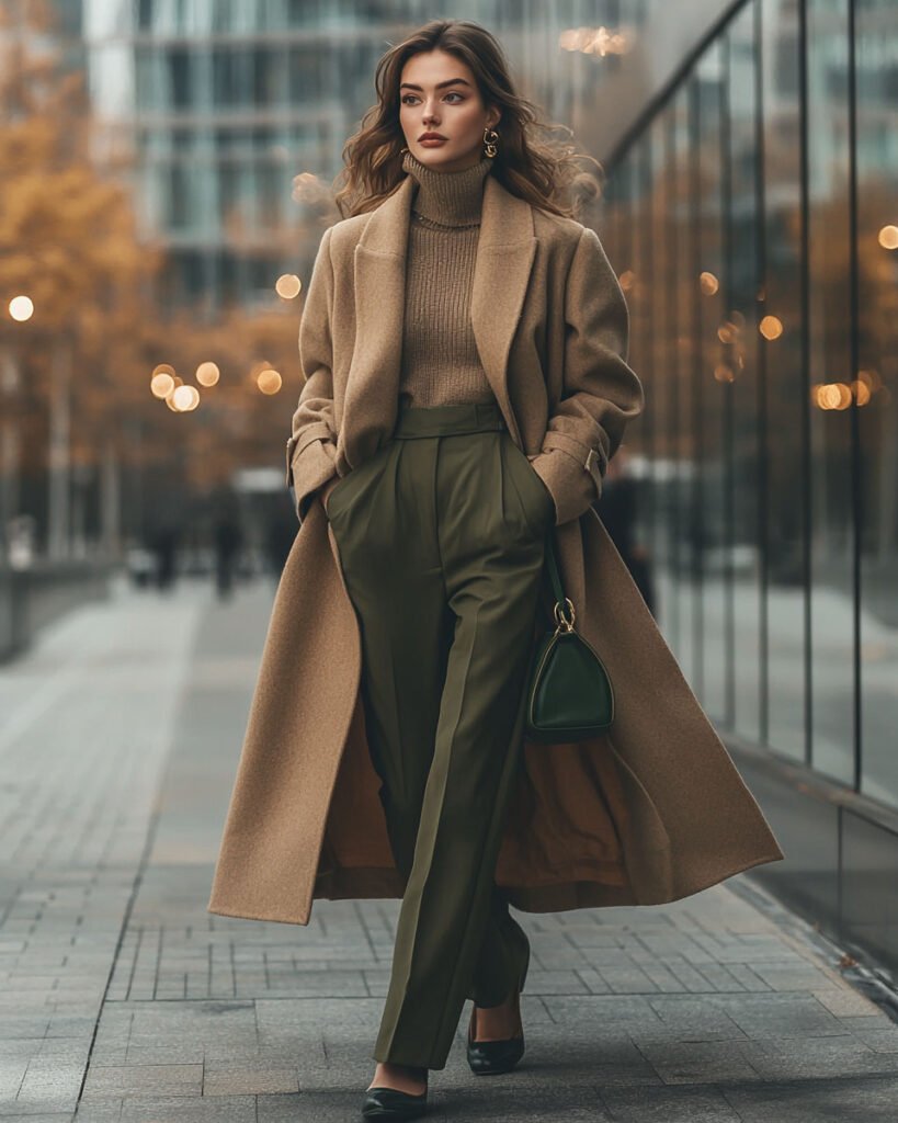 A stylish woman in a neutral-toned outfit with subtle green accents, walking confidently in a modern cityscape, embodying effortless elegance and minimalist chic fashion.