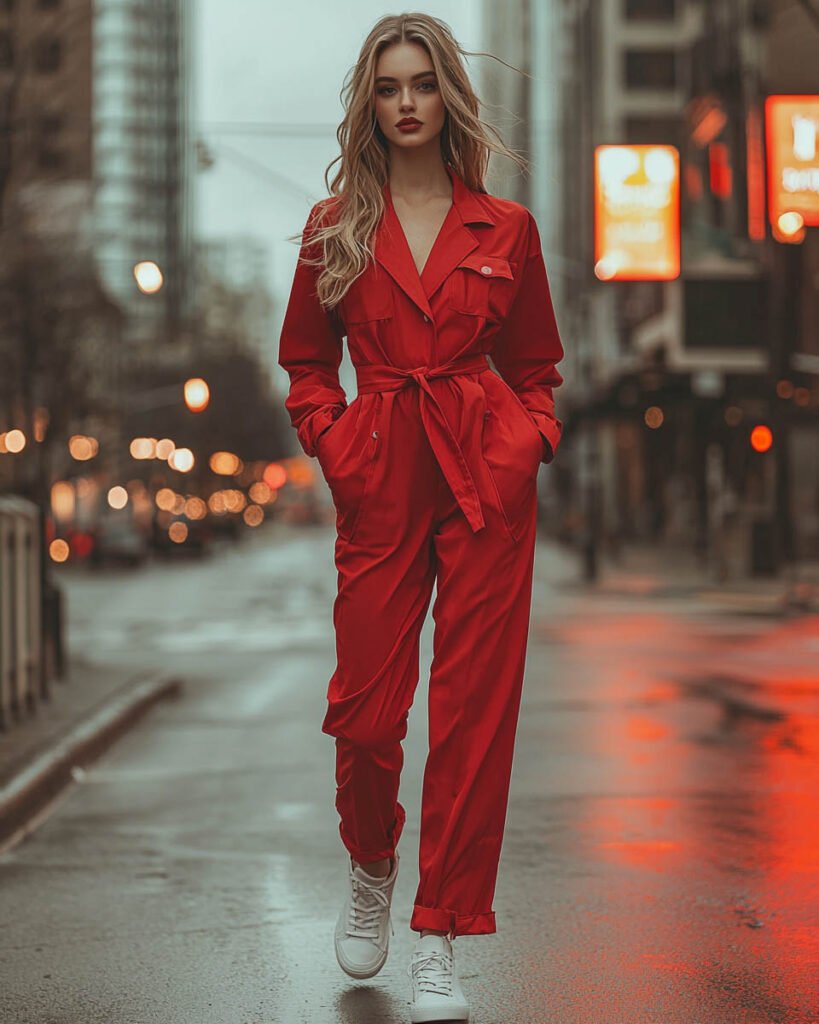 stylish-woman-red-jumpsuit-street-style A stylish woman wearing a cherry red jumpsuit with a belted waist and white sneakers, walking confidently through a vibrant city street. The modern urban backdrop and soft city lights create a chic, effortless street-style aesthetic.