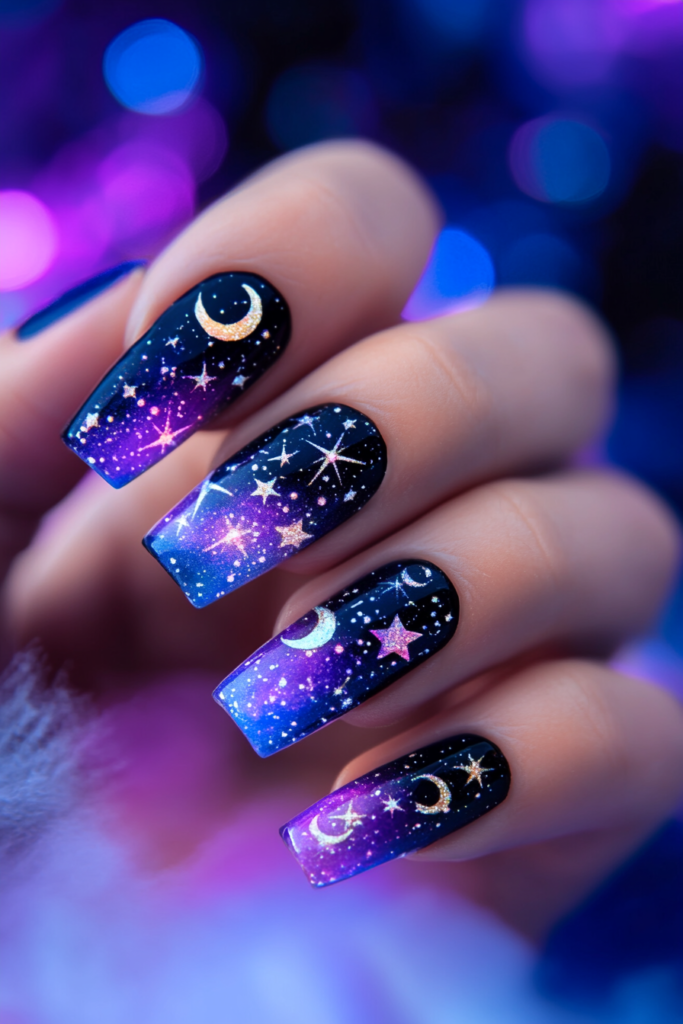 Astral and Galaxy Nail Designs 2025 Celestial nail art with holographic stars, dark blue polish, and rhinestone constellations.