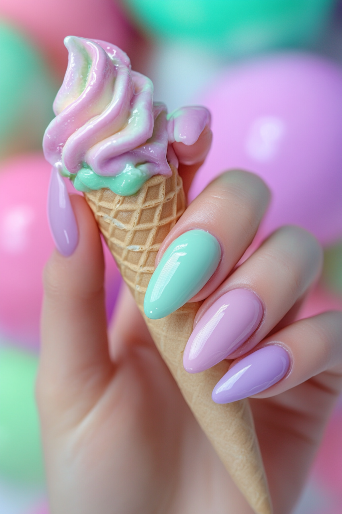 Bubblegum Ice Cream Nail Art 2025 Colorful summer nails in pink, blue, and white swirls resembling bubblegum ice cream.