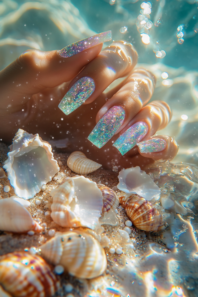 Mermaidcore Nails with Ocean Colors Mermaid-inspired nails with shimmering aqua, iridescent chrome, and oceanic textures.