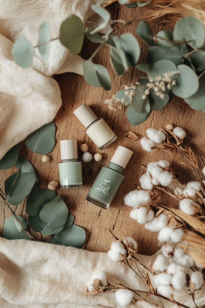 Sustainable Nail Care Products 2025 Eco-friendly nail polish bottles with clean labels and natural decorative elements.