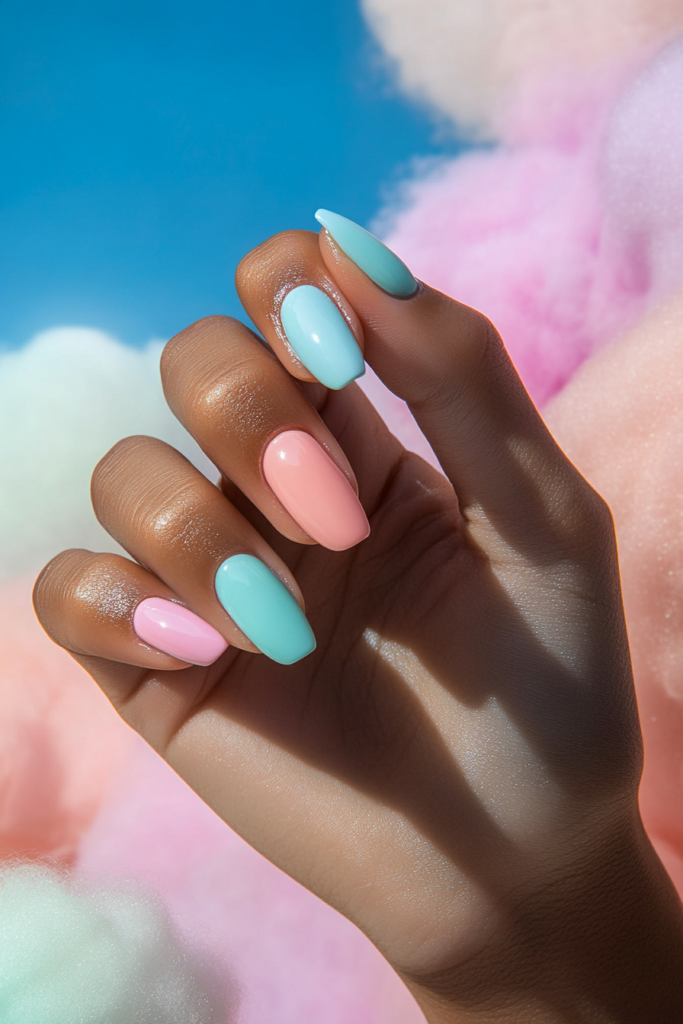 Pastel Summer Nails 2025 in Soft Hues Soft pastel-colored summer nails in lavender, mint, blush pink, and butter yellow on neatly manicured hands.