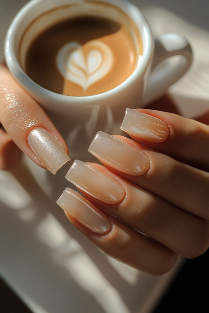 Glazed Finish Nails Trend 2025 Glossy glazed donut nails in metallic silver and sea green reflecting summer light.